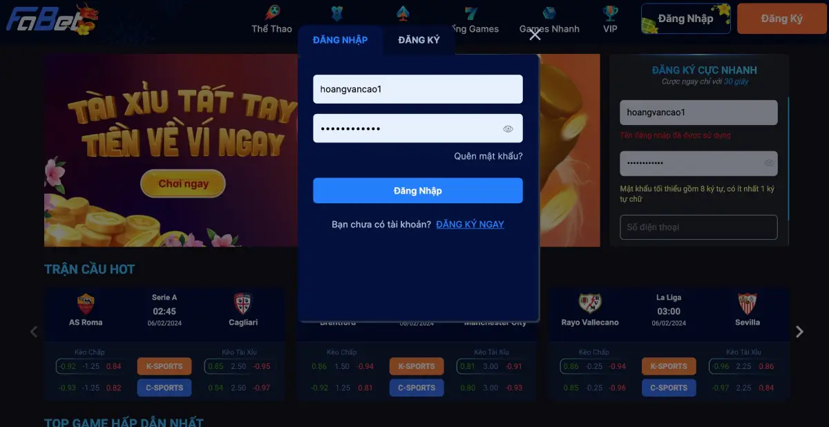 Truy cập web Fabet
